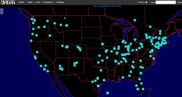 An octagon-shaped UFO sighting map in the U.S. (MUFON)