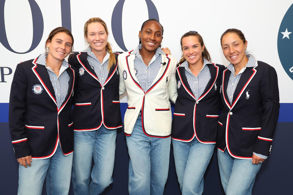 PARIS, FRANCE - JULY 23: U.S. Olympians Emma Navarro, Danielle Collins, Coco Gauff, Desirae Krajczyk and Jessica Pegula celebrate the announcement of Coco Gauff as the U.S. flag bearer at the Team USA Welcome Experience ahead of Paris 2024 on July 23, 2024 in Paris, France. (Photo by Joe Scarnici/Getty Images for USOPC)