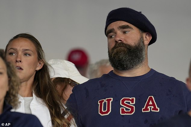 Kelce wore a blue beret to match his 'USA' jersey as he continues to enjoy his retirement.