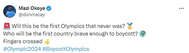 Dozens of X users joined in the comment stream, with one commenting: 'The opening ceremony was a disgrace and a slap in the face to all Christians #boycottOlympics.'