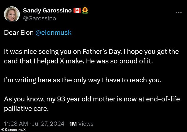 Garossino turned to X to publicly plead with Musk on behalf of his mother, who said that 