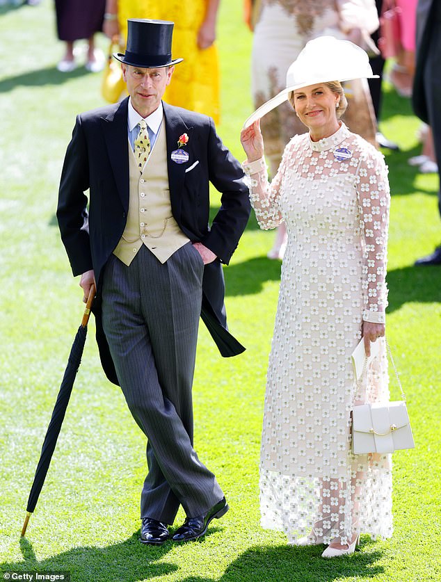 Sophie, Duchess of Edinburgh, celebrated her wedding anniversary at Ascot and was holding this white Strathberry handbag that matched her outfit.