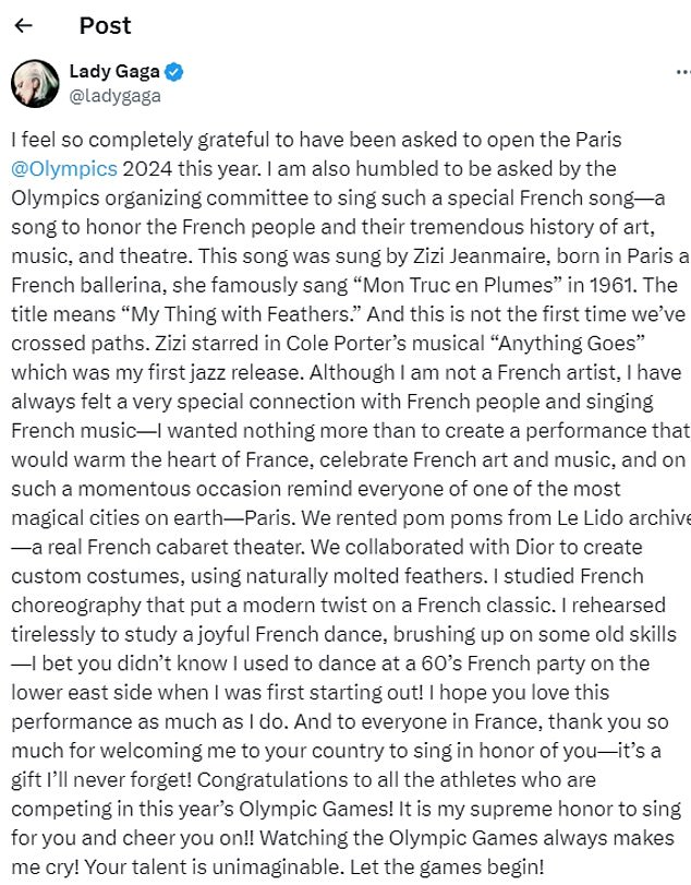 Over the weekend, she wrote on X, formerly Twitter, about the work she put into her performance and thanked France for the opportunity to perform.