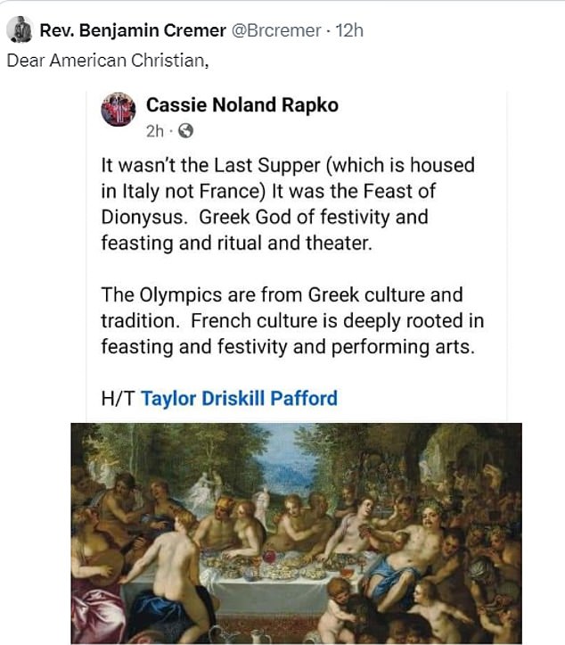 It has since been discovered that the Opening Ceremony was likely referring to a different artwork, the Feast of Dionysus, and prominent religious figures have pointed out the error online.