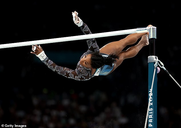 Biles, the 27-year-old gymnastics icon, also competed on the uneven bars on Sunday.