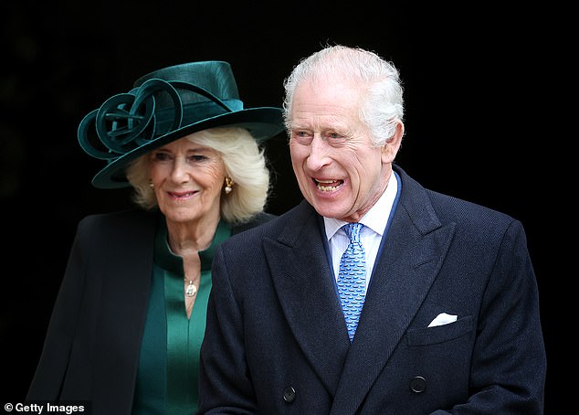 Pictured: King Charles laughs as he and Queen Camilla leave the Easter Matins service at Windsor Castle on March 31.