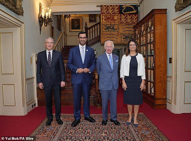 King Carlos with President Mukhtar Babayev of Azerbaijan, Cop28 President Sultan al-Jaber of the United Arab Emirates, and Ana Toni, Cop30 representative and National Secretary for Climate Change of Brazil