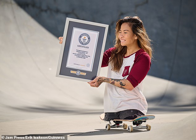 She recently set a Guinness World Record for the longest handstand on a skateboard performed by a woman.