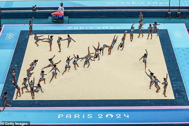 Team USA's Simone Biles competes on the floor exercise Sunday in Paris