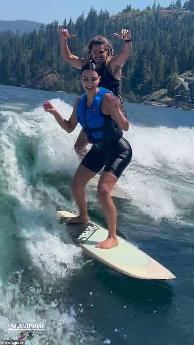 In one of the IG stories, the reality TV star sat on the boat wearing a blue and black life jacket and a big smile on her face.