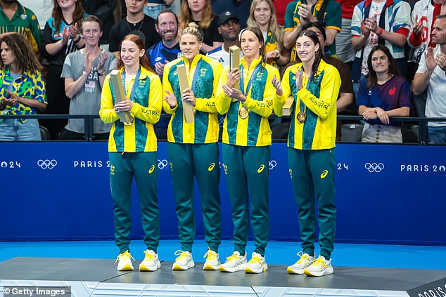 Athletes competing in team events are paid individually, with the gold medal-winning Australian team in the women's 4x100m final receiving $20,000 each (pictured: Mollie O'Callaghan, Shayna Jack, Emma McKeon and Meg Harris)