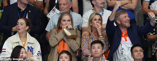 While some images show the Queen looking upset, at other times during the sporting action the royals seemed more engrossed in swimming (pictured, from left: Alexia, Princess of the Netherlands; Catharina-Amalia, Princess of Orange; Máxima, Queen of the Netherlands; and Willem-Alexander, King of the Netherlands)