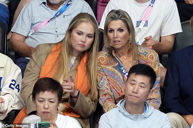 Catharina-Amalia, Princess of Orange, and Queen Máxima looked slightly tense as the action unfolded in front of them.