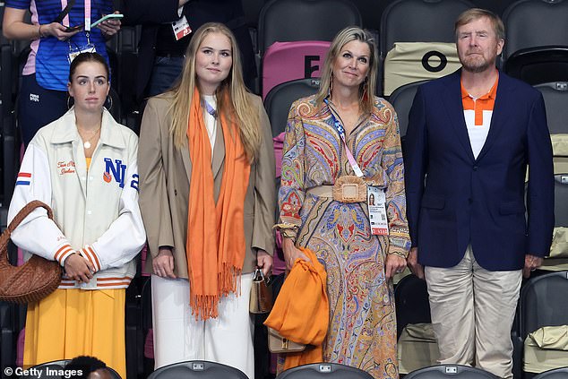 The Dutch royal family (with the exception of 17-year-old Princess Ariane) attend the evening swimming session on the second day of the Olympic Games (pictured, from left: Alexia, Princess of the Netherlands; Catharina-Amalia, Princess of Orange; Máxima, Queen of the Netherlands; and Willem-Alexander, King of the Netherlands)