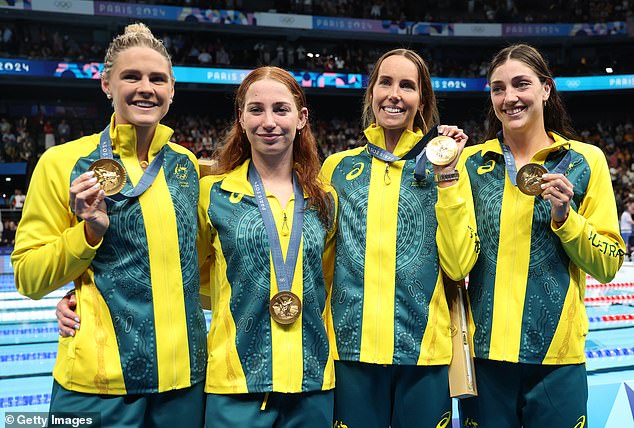 Team Australia's Mollie O'Callaghan, Shayna Jack, Emma McKeon and Meg Harris with their medals after the women's 4x100m freestyle relay final at Paris La Defense Arena on Saturday.