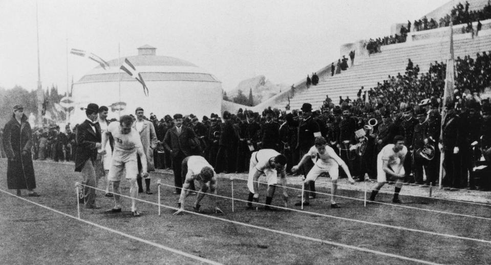 The start of the men's 100-meter race at the 1896 Olympics. (Getty Images)