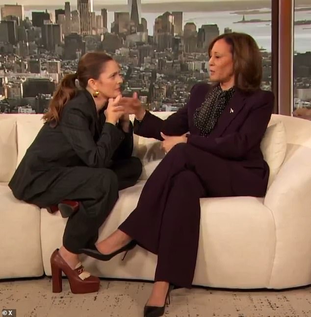 Kamala Harris joined actress Drew on her daytime talk show in April, where the two unusually sat together on the large couch.