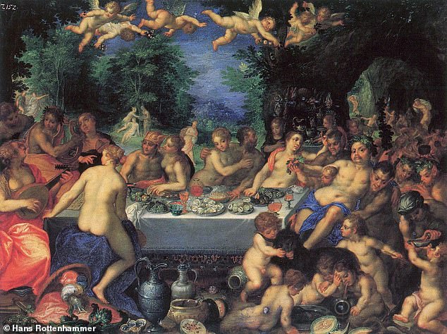 Rottenhammer and Bruegel's 'The Banquet of the Gods', circa 1602, depicts the same scene.