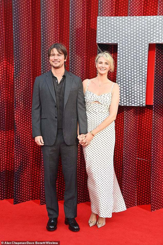 Tamsin, who shares four children with Josh, looked chic in a black and white polka dot dress, which she teamed with a pair of nude Valentino strappy heels.