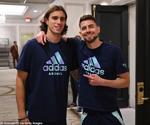 Calafiori has already met up with his Arsenal teammates, including his international teammate Jorginho (right)