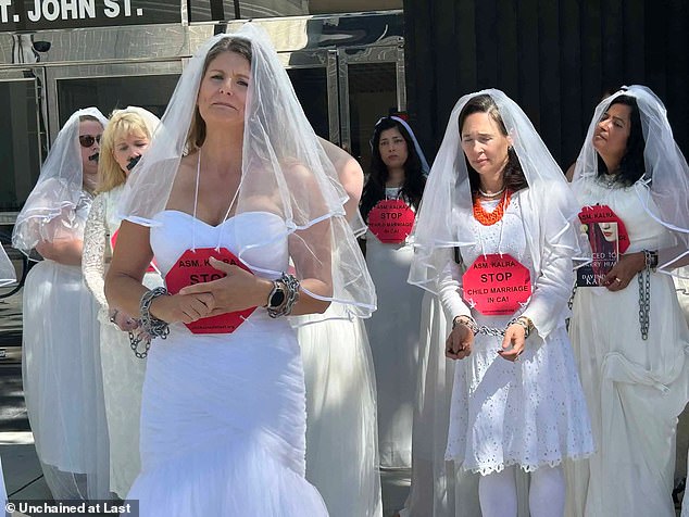 Others who have suffered similar experiences have turned out in droves to protest child marriage and to defend AB 2924, which would remove existing legal language allowing provisions for unions of minors under the age of 18. Protesters are seen outside the offices of city officials in San Jose on July 18.