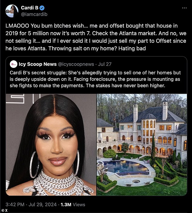 'LMAOOO Lazy bitches wish me and Offset bought that house in 2019 for 5 million now it's worth 7 check the Atlanta market,' Cardi B wrote, referencing her rapper husband.