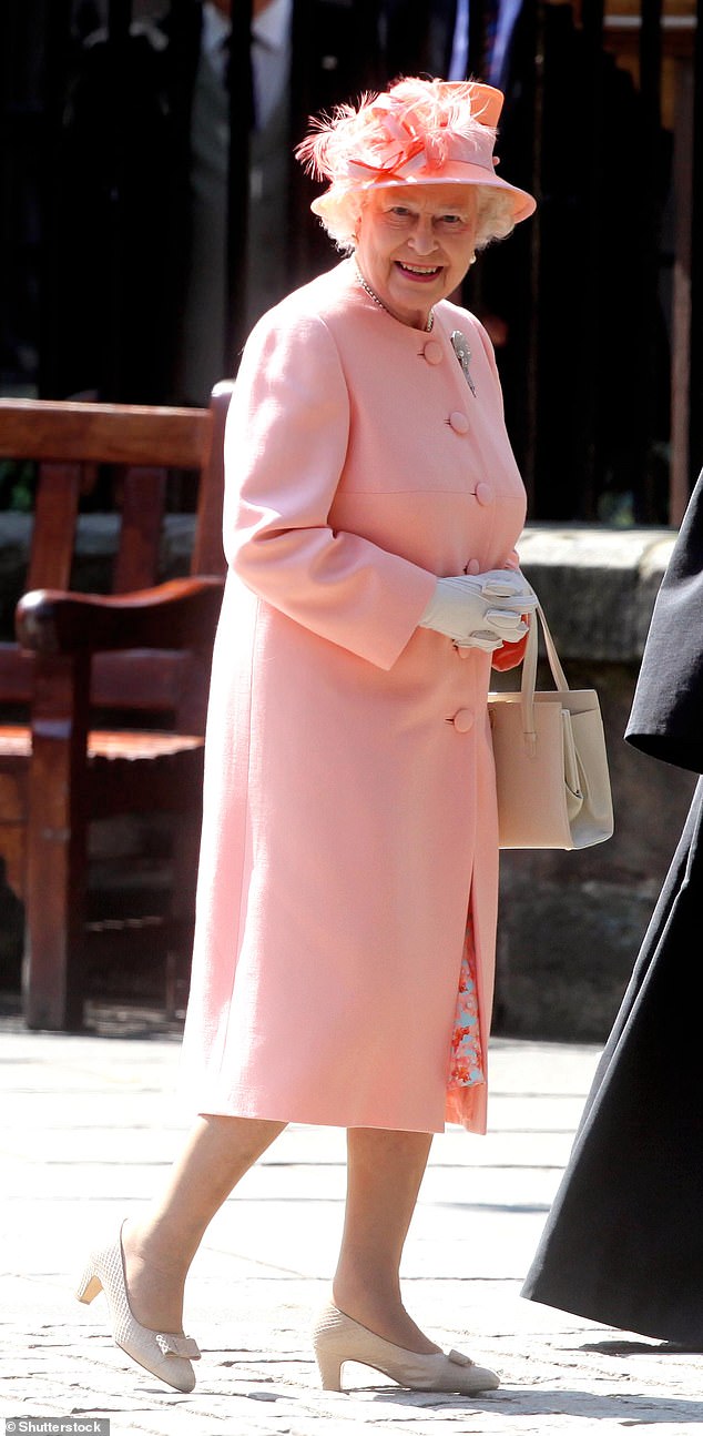 The late Queen wore an apricot-coloured suit by her favourite designer Stewart Parvin.