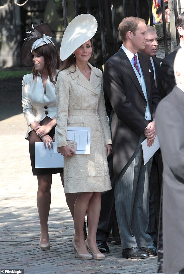 The couple have a close relationship with the royal family, especially the Welsh. Above: William and Kate with Princess Eugenie outside Canongate Kirk