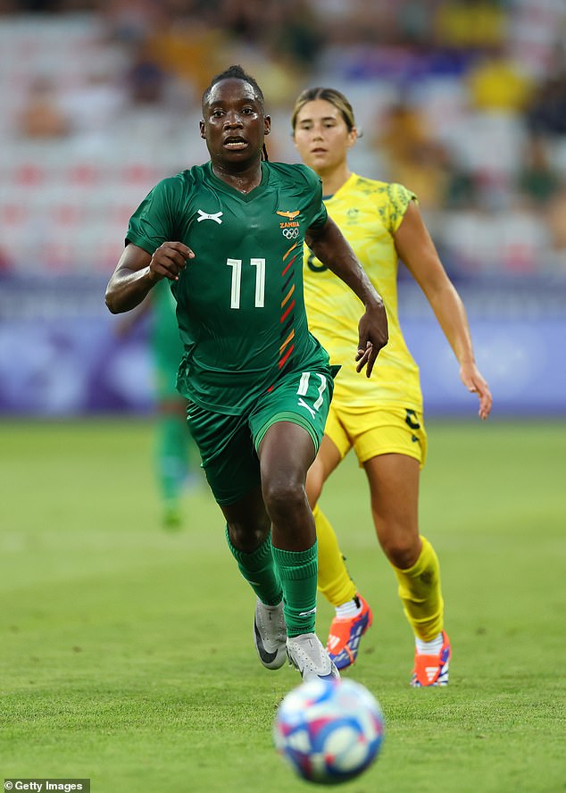 Barbra Banda (pictured) scored a hat-trick against the Matildas after being banned from playing in a tournament in Africa for allegedly having too much testosterone to pass a gender check.