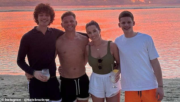 PR executive Kate, who turned 35 earlier this month, is the wife of Jeff Brazier, 45, and stepmother to actor Bobby Brazier, 21, all of whom were pictured with their second son Freddie, 19, in January.