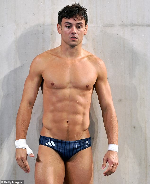 Pictured: Tom Daley at the Paris Olympics yesterday. The father of two has previously spoken out about his wardrobe malfunction at the 2015 World Series.