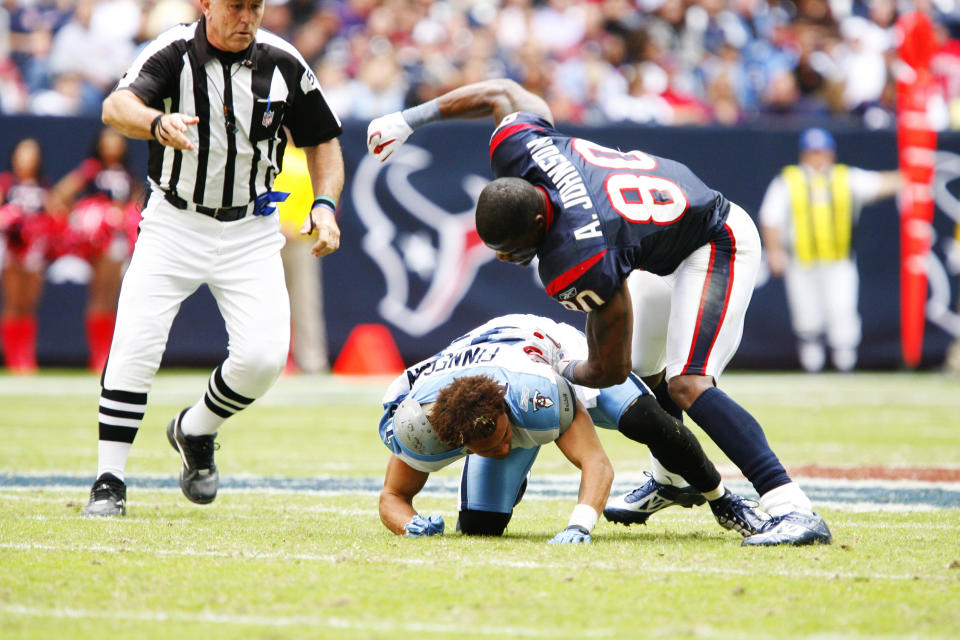 Andre Johnson's most infamous moment came when the normally composed receiver lost his cool against Cortland Finnegan. (Photo by Matt Pearce/Icon SMI/Icon Sport Media via Getty Images)