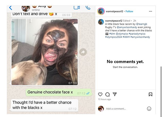 The leaked screenshot appeared to show Wilson-Hardy wearing a dark-coloured mask, with the rugby sevens player allegedly posting 