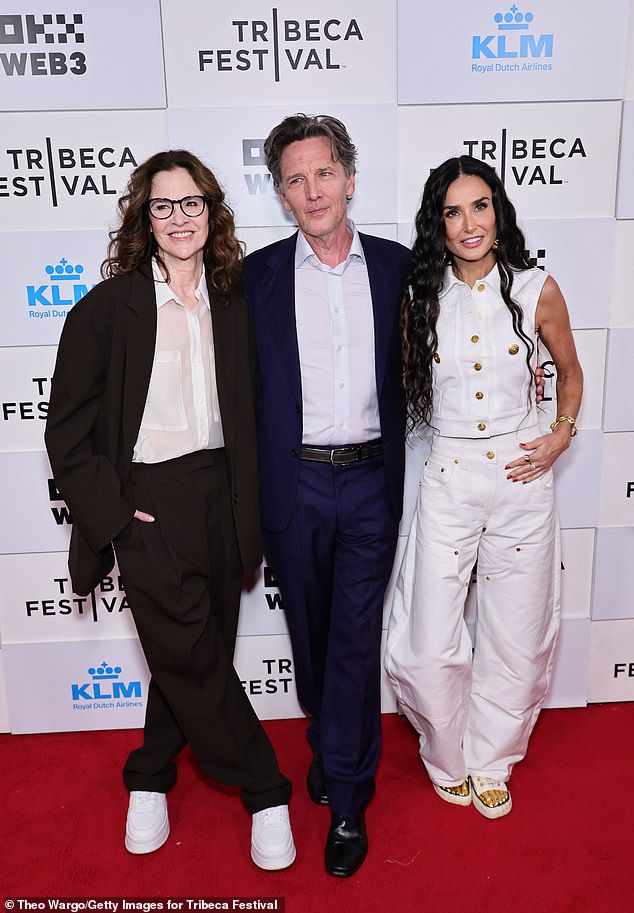 On June 7, Moore reunited with her former castmates Ally (L) and Andrew (M) at the Tribeca Film Festival premiere of her critically acclaimed Hulu documentary about the cast of 