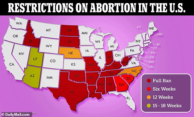 The map above shows states where abortion is restricted in some way or banned entirely.