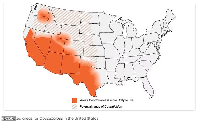 The above shows areas where the fungus that causes Valley Fever could be present.