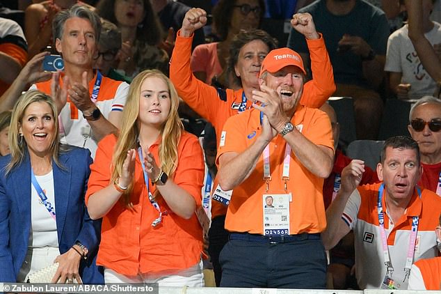 Princess Catherine Amalia (second from left) of the Netherlands and King Willem-Alexander (right) were delighted to see the women's handball team compete for victory.