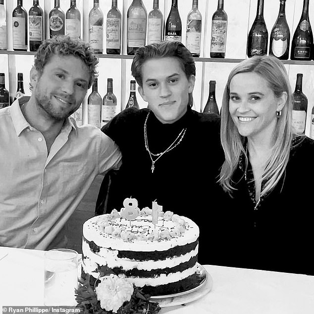 The exes have maintained a notoriously friendly relationship - pictured with their son Deacon on his 18th birthday.