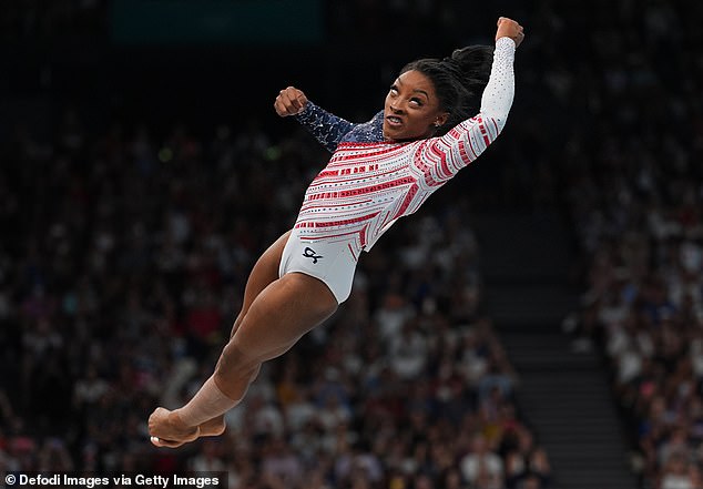 No Twisties this time: Simone Biles is seen doing somersaults in the air on Tuesday in Paris