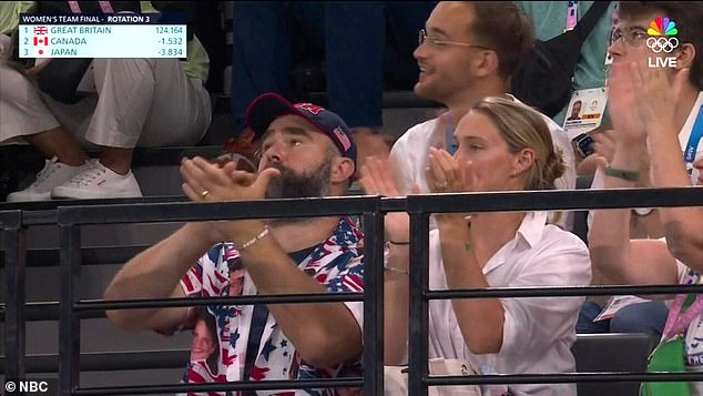 Former Philadelphia Eagles center Jason Kelce is seen watching the event with his wife Kylie.