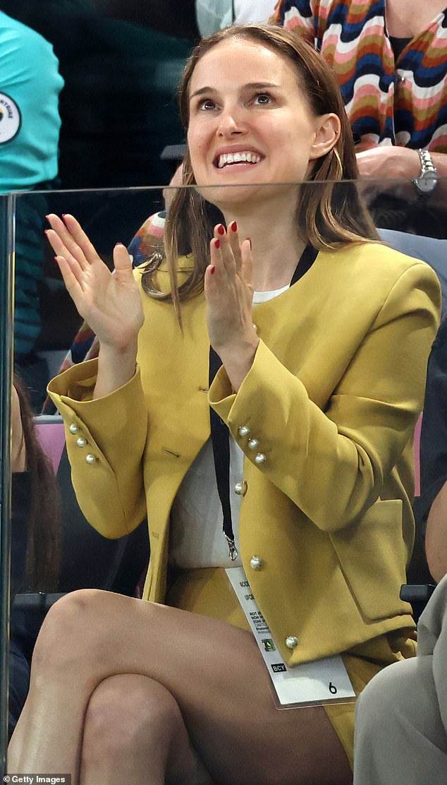 Natalie Portman during the women's team finals for artistic gymnastics