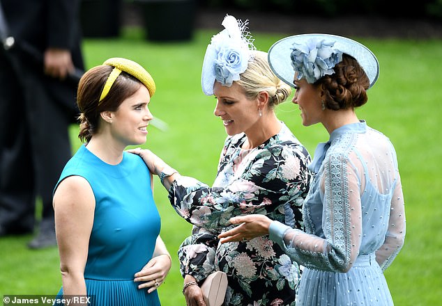 Pictured: Zara, Eugenie and Kate Middleton chatting together at Royal Ascot in 2019