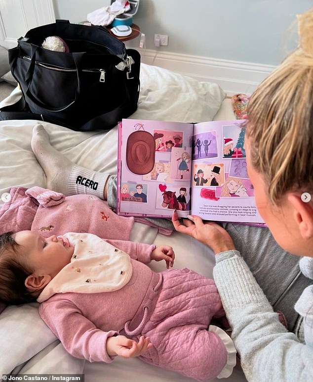 Jono also shared photos of himself cuddling Gia during the getaway, while Simone also briefly appeared in the post reading a story to her beloved daughter.