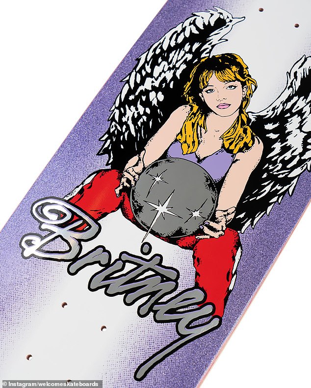 On the back of a skateboard you can see an image of the musical artist with wings.