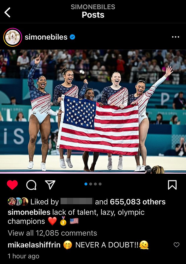 Simone Biles captioned her celebratory post with a veiled photo of a former Team USA member.