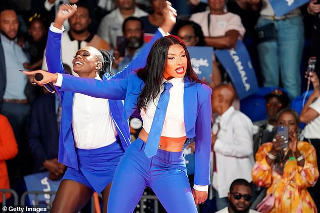 Megan Thee Stallion is seen here performing at Kamala Harris' campaign rally on Tuesday in Atlanta.