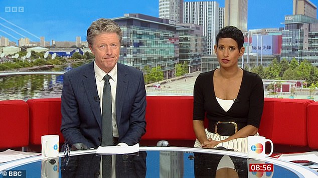 On Monday morning the show started at its usual 6am time but was broadcast on BBC Two at 8am for an hour (Naga Munchetty and Charlie Stayt pictured).