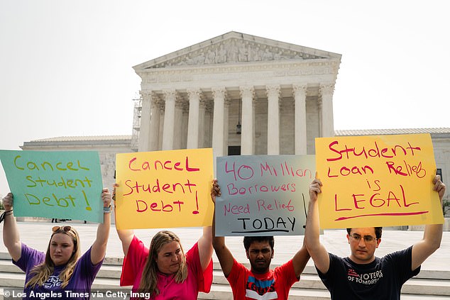 Protesters outside the U.S. Supreme Court on June 30, 2023. In a 6-3 decision, the court struck down President Biden's original plan to cancel up to $20,000 in student loan debt for millions of borrowers.