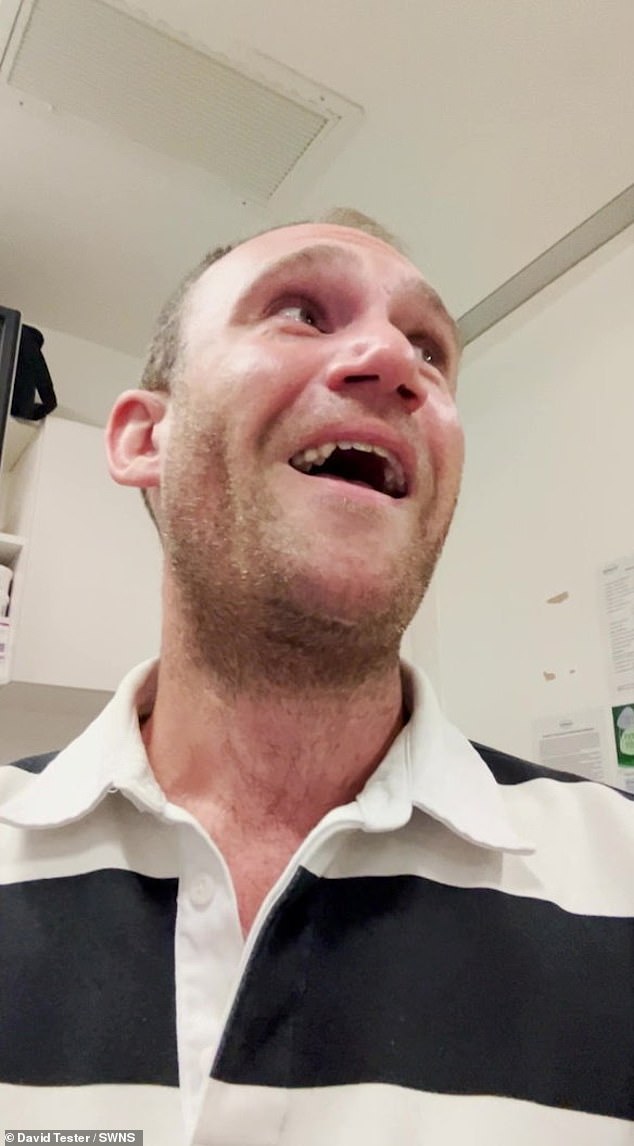 It is not known what caused the hearing loss, but Tester believes it was due to spending his nights next to the club's speakers. Pictured: Tester smiles after having his hearing aid fitted