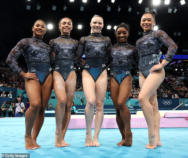 The team also wore Star Spangled Shine leotards with 6,359 crystals in red, white, blue and gold, with a corset-style lace-up back.